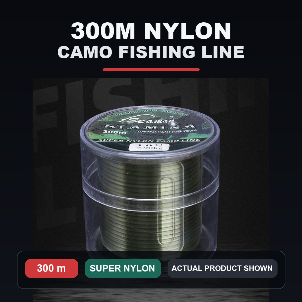 Fishing line spool in clear case with olive-green monofilament line, 300 m