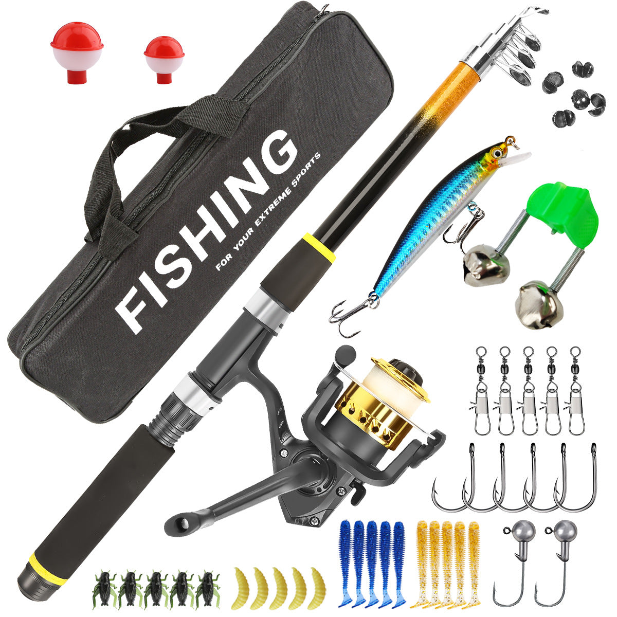 Telescopic fishing rod and reel standard kit with carry bag and mixed tackle