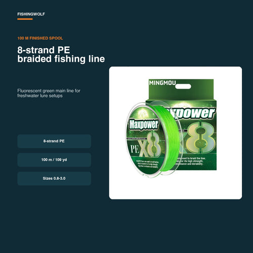 Fluorescent green 8-strand PE braided fishing line spool, 100 m