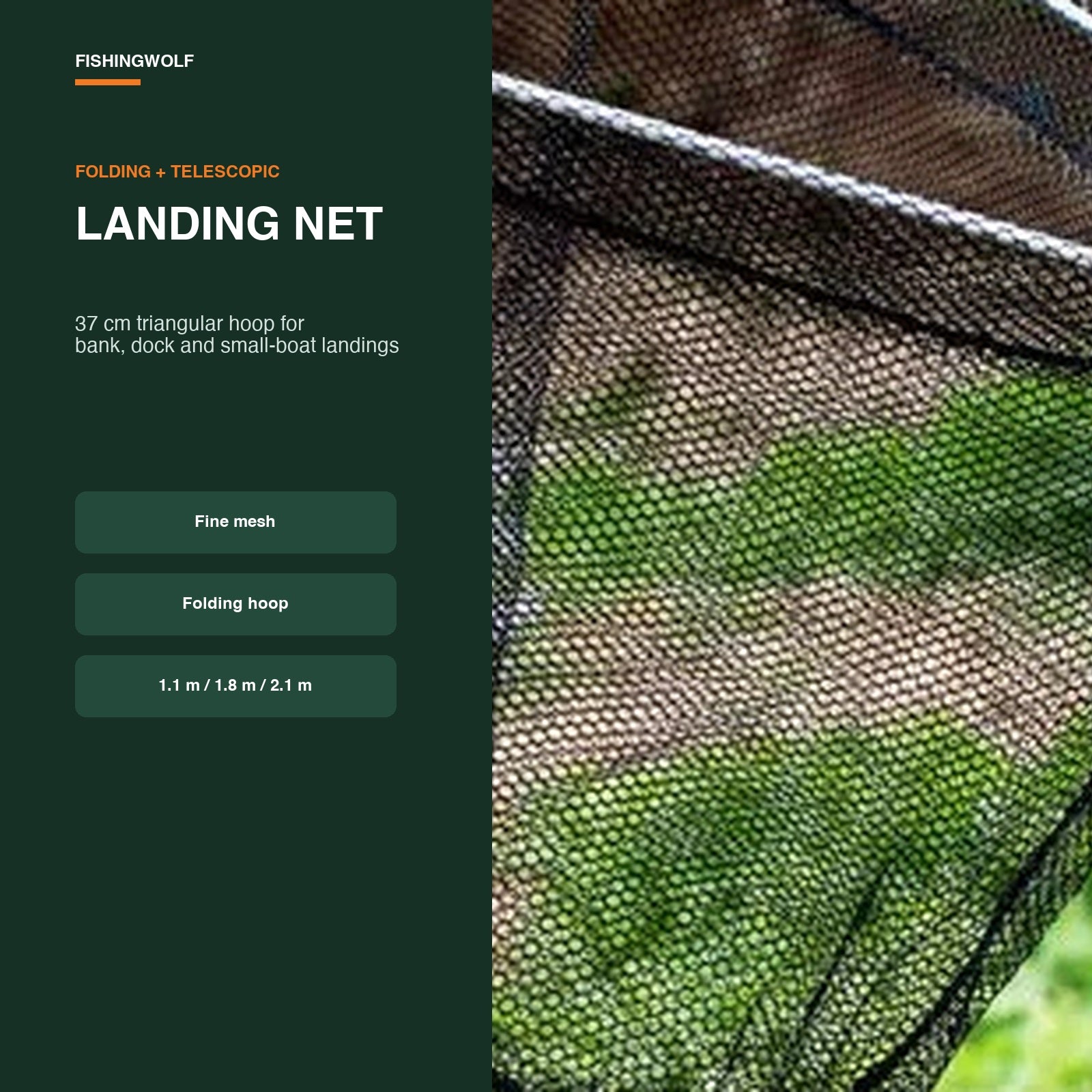 Folding telescopic landing net with green mesh and 37 cm triangular hoop