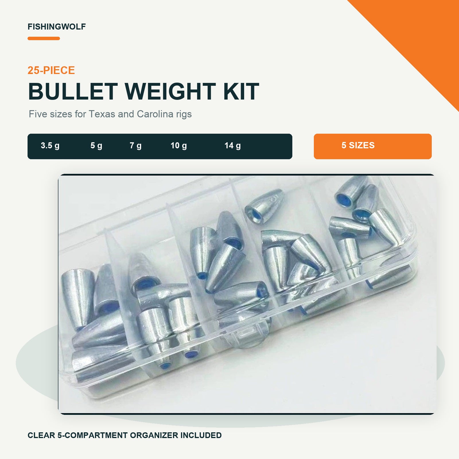 Clear organizer for a five-size silver bullet weight kit with blue plastic cores