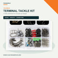 Fishing terminal tackle kit 170-piece: clear organizer with hooks, weights, and connectors.