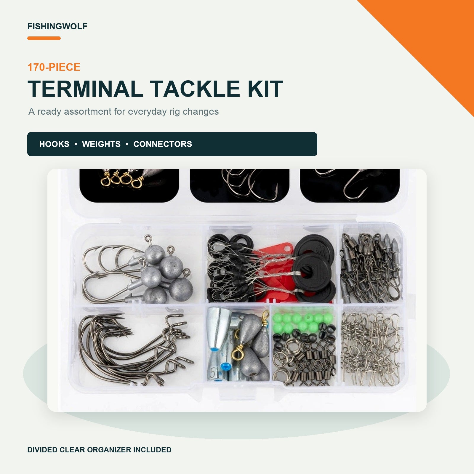 Fishing terminal tackle kit 170-piece: clear organizer with hooks, weights, and connectors.