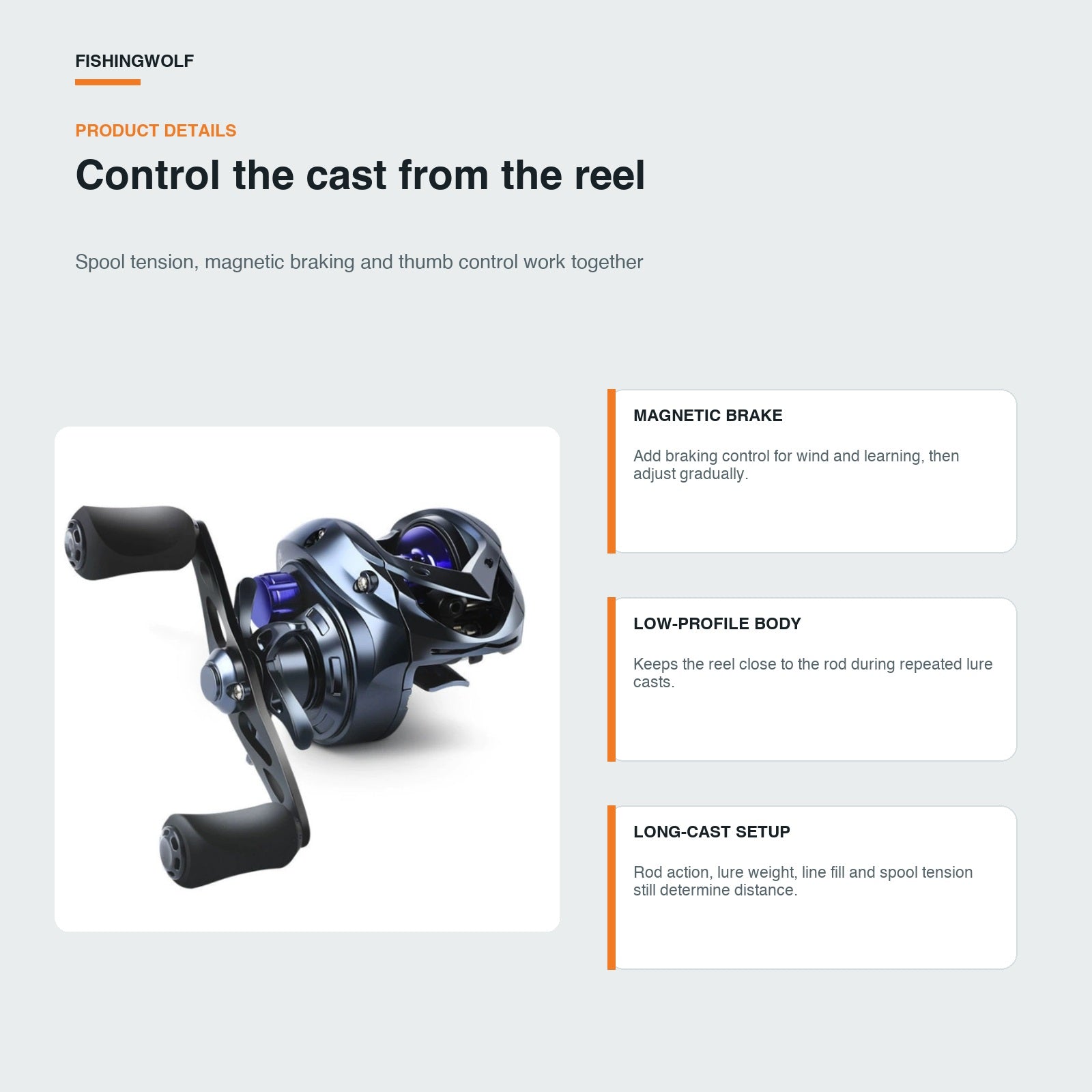 Baitcasting reel side view with dark body, blue spool, and thumb-bar control lever