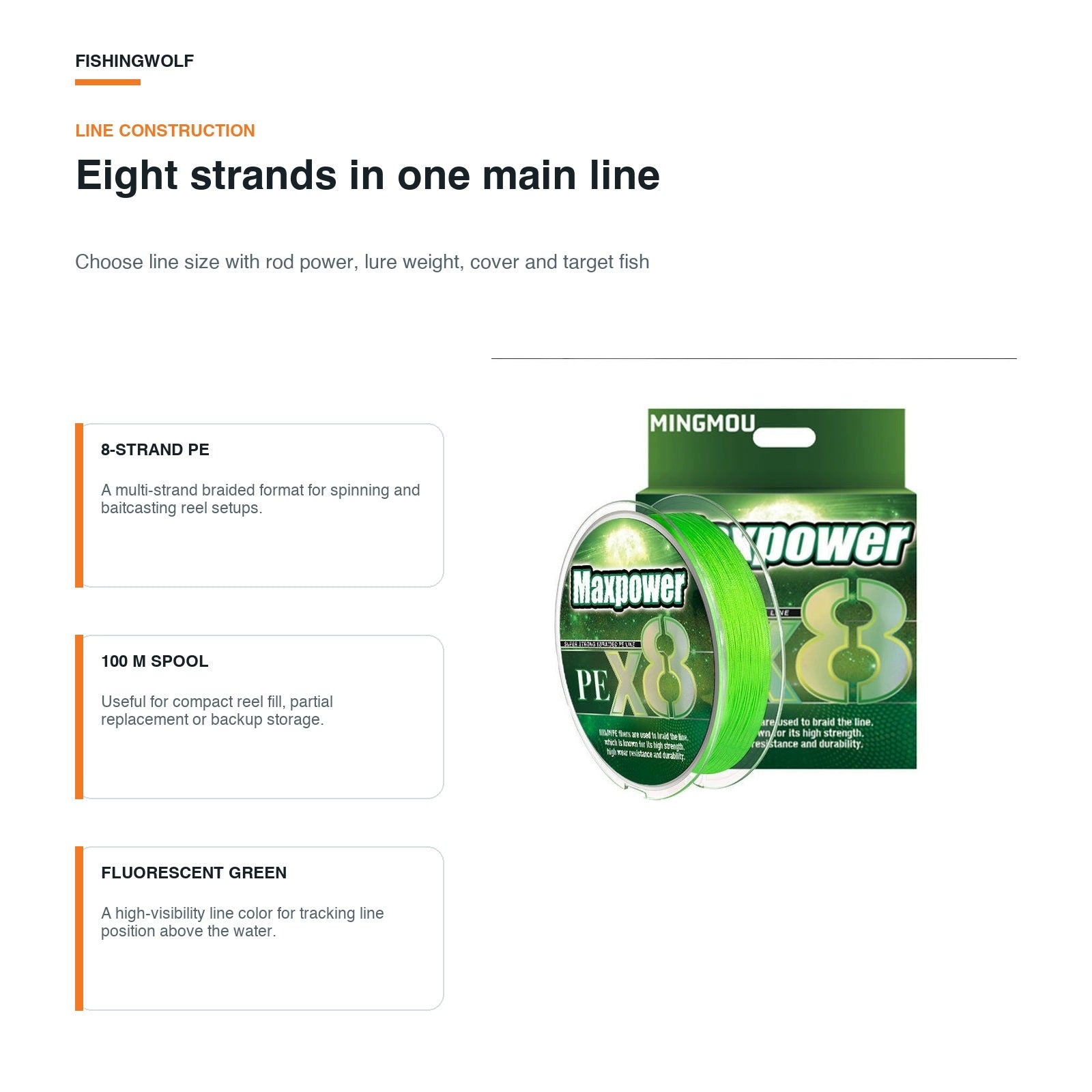 Fluorescent green 8-strand PE braided fishing line spool, 100 m package