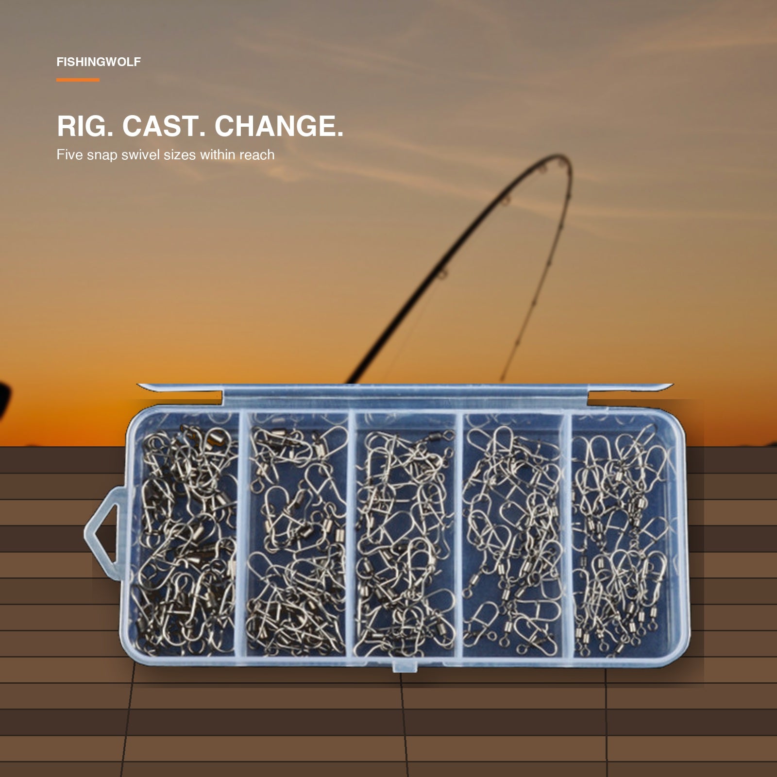 Snap swivel organizer staged on a fishing dock at sunset