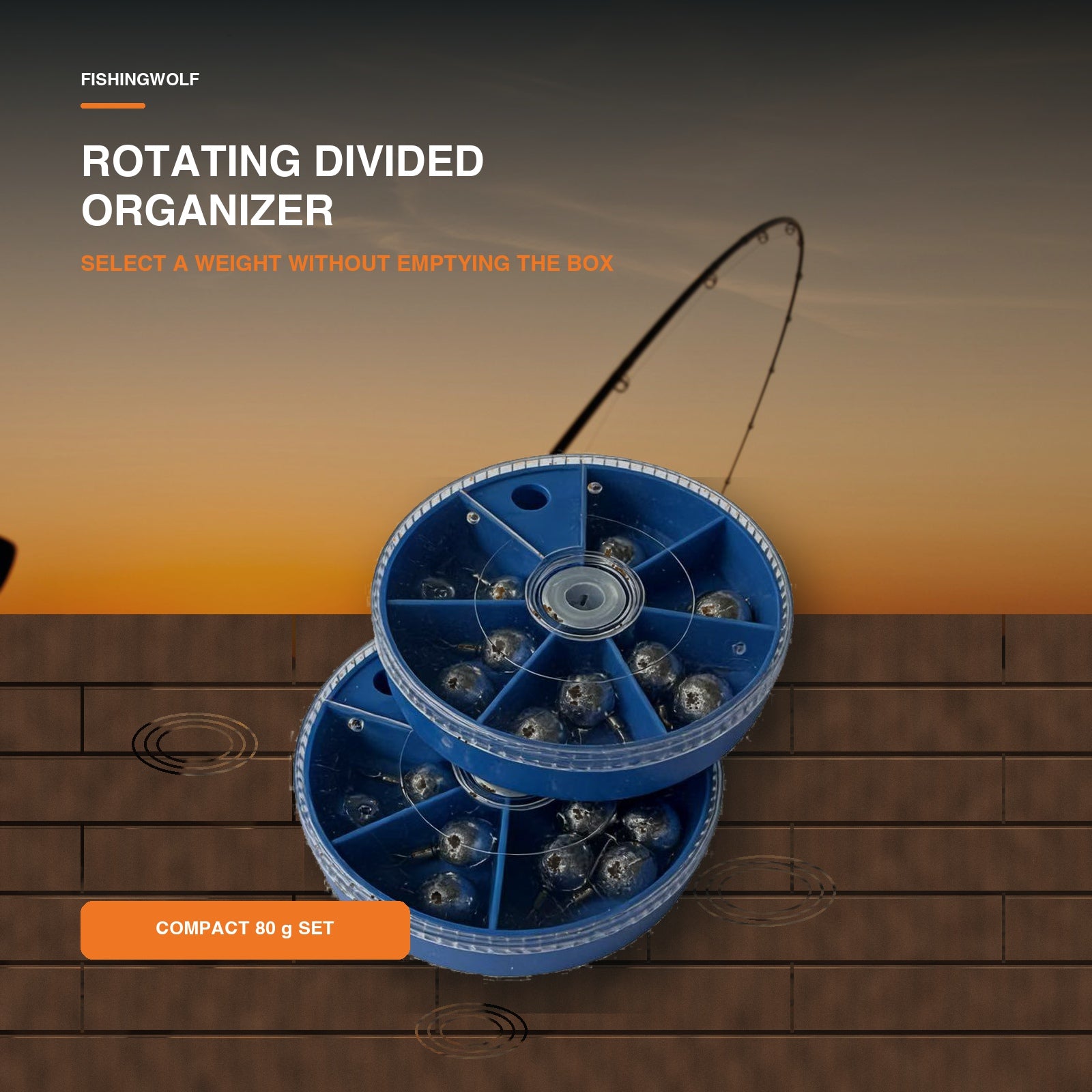 Drop shot weight organizer on a fishing dock at sunset