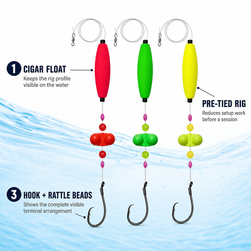 Pre-tied catfish cigar float rigs with red, green, and yellow floats, rattle beads, circle hooks