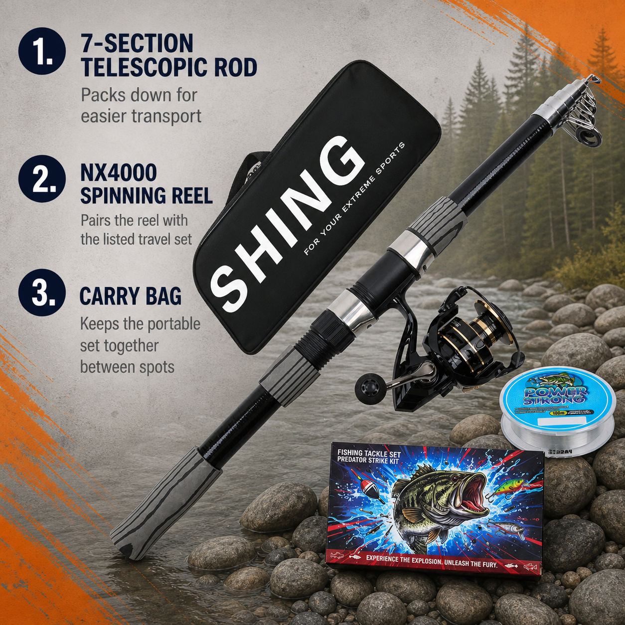 Fishingwolf authorized creative gallery | Key Features | Fishingwolf 3 m Telescopic Spinning Rod & Reel Combo - 7-Section Portable Travel Set, Carry Bag, Model 9020 for Lure Fishing