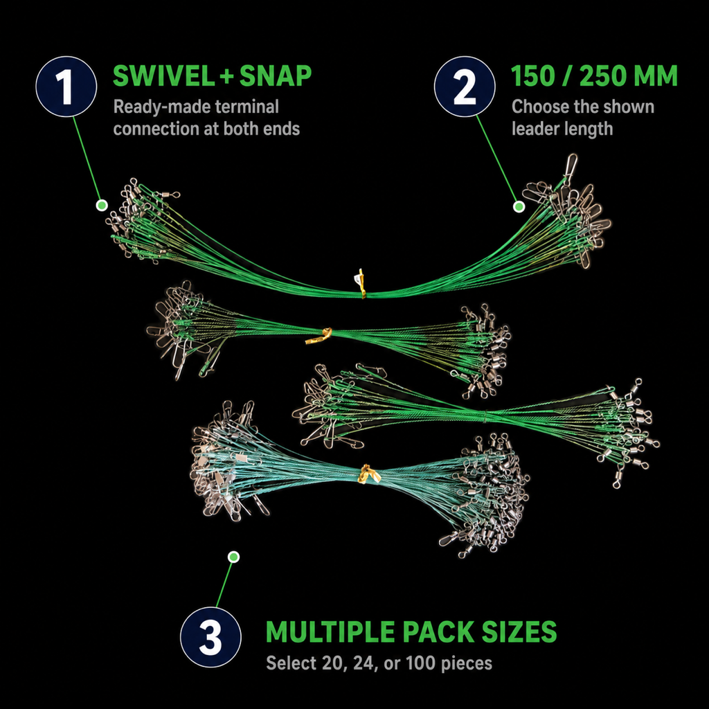 Wire fishing leader set with green-coated leaders, swivels, and snap ends in multiple lengths