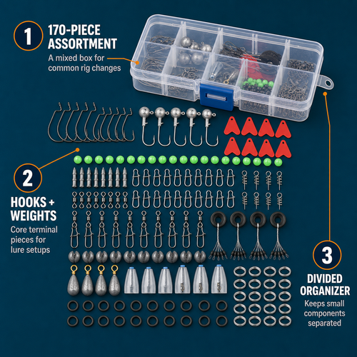 170-piece lure fishing rig accessories kit arranged by type in divided tackle organizer