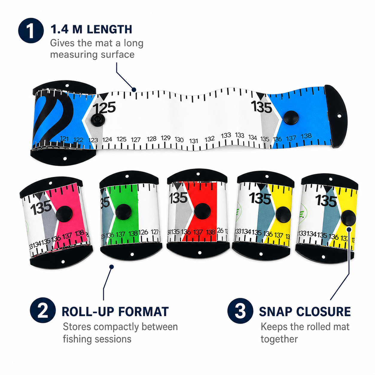 Fish measuring ruler roll-up mat in blue with printed measurement scale and black end plates