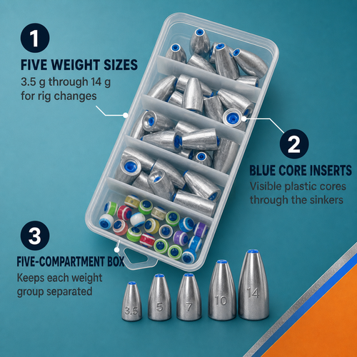 Clear compartment box of blue-core bullet weights, five size groups for rig changes