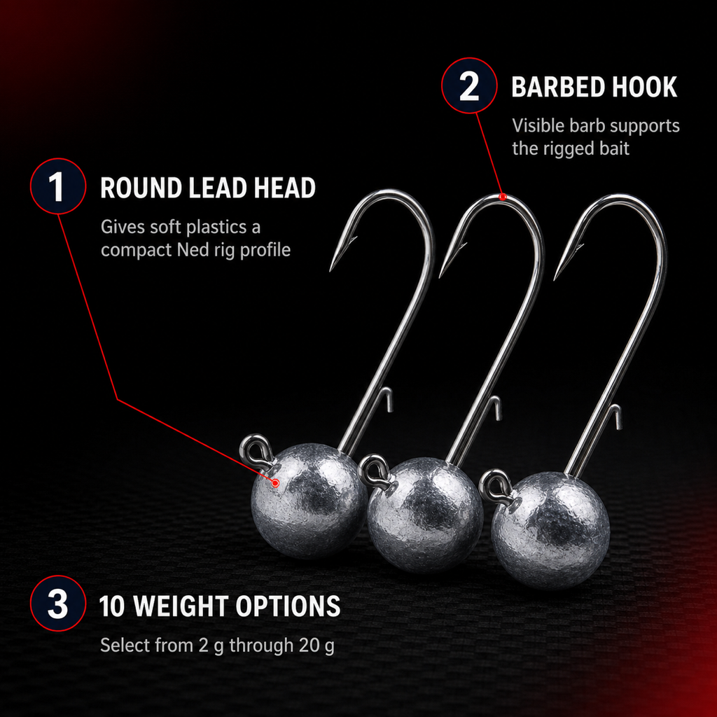Ned rig jig heads with round lead head, barbed hook, and line eye; 2–20 g options