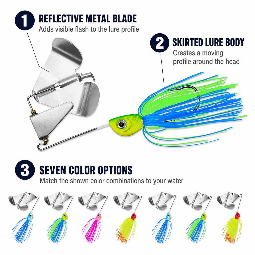 Skirted bladed jig lure with reflective metal blade, yellow head, blue and green skirt strands