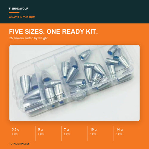 Mixed set of silver bullet sinkers sorted by weight with blue plastic core inserts