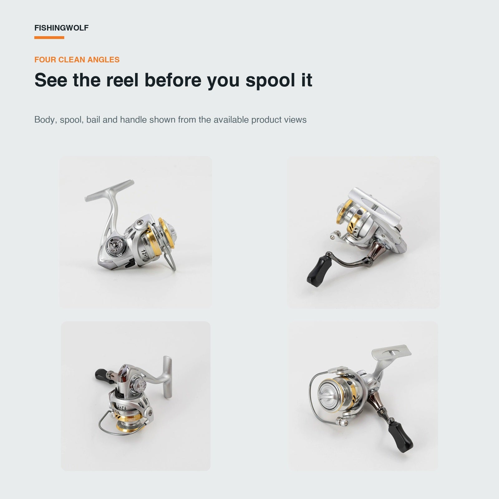Spinning reel side view, silver finish and gold spool, black handle grip