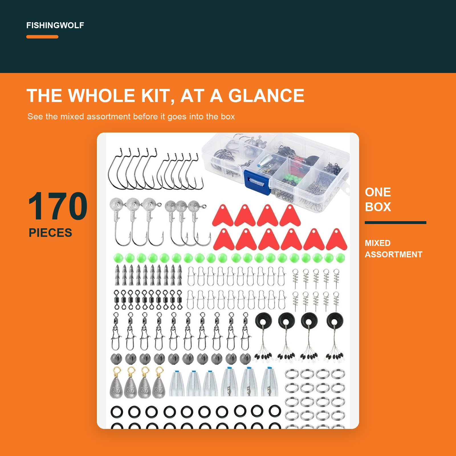 Fishing terminal tackle kit overview: 170-piece mixed assortment in clear organizer box.