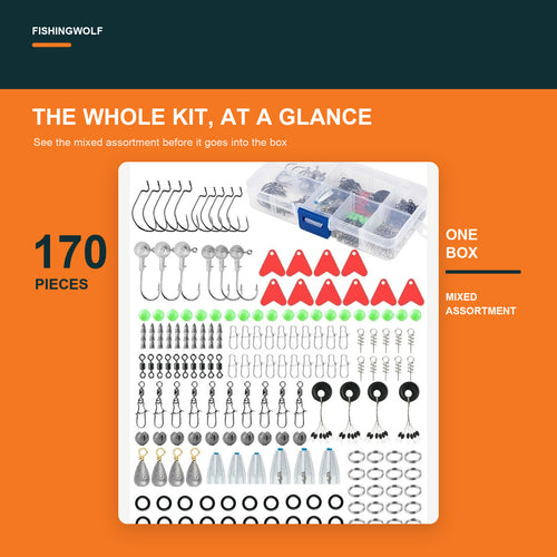 Fishing terminal tackle kit overview: 170-piece mixed assortment in clear organizer box.