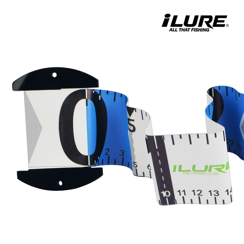 Roll-up fish measuring ruler mat with snap end plates, blue and black/white design