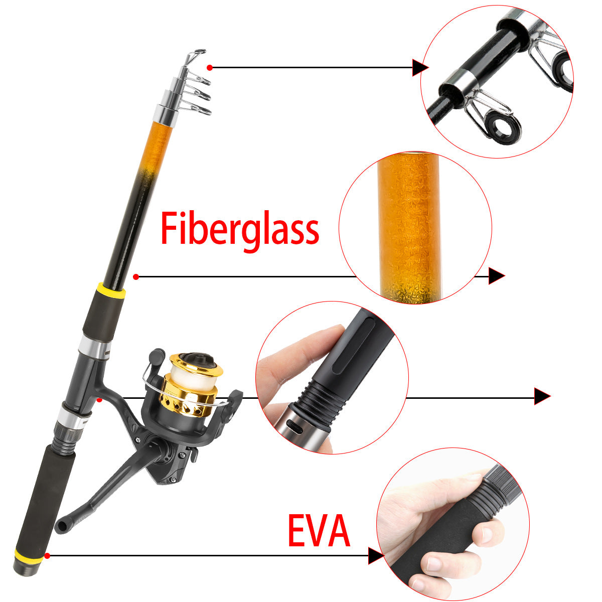 Fiberglass telescopic fishing rod with EVA grip and spinning reel