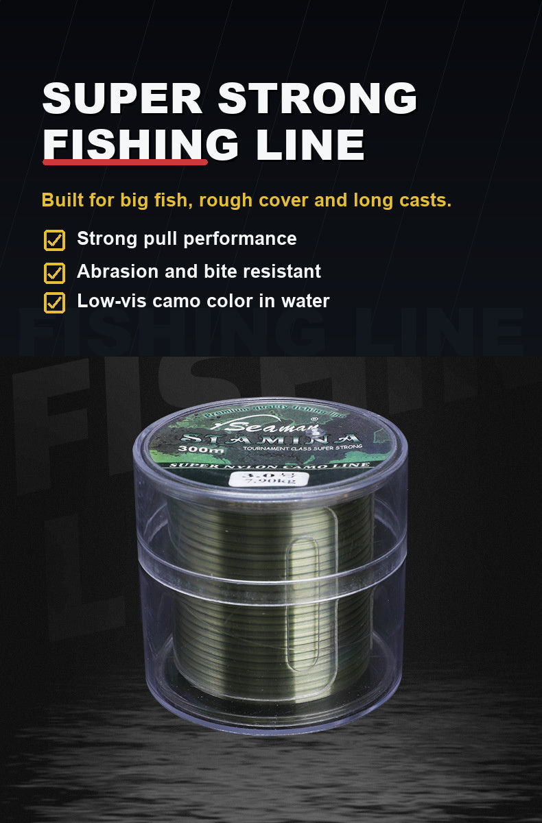 Olive-green nylon fishing line spool shown in a clear plastic case