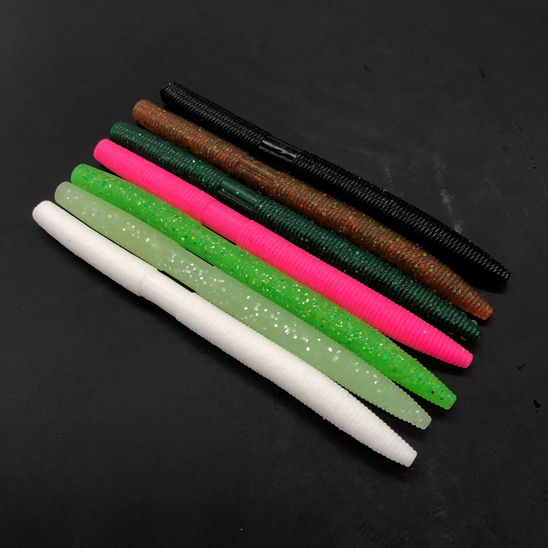 Soft plastic stick bait worms, assorted: white, green, pink, brown, black