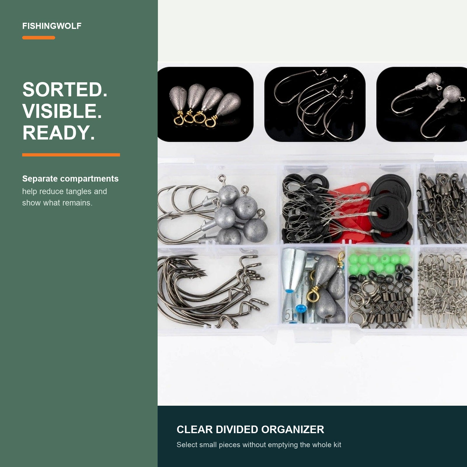Fishing terminal tackle kit clear divided organizer with separated compartments for rig parts.