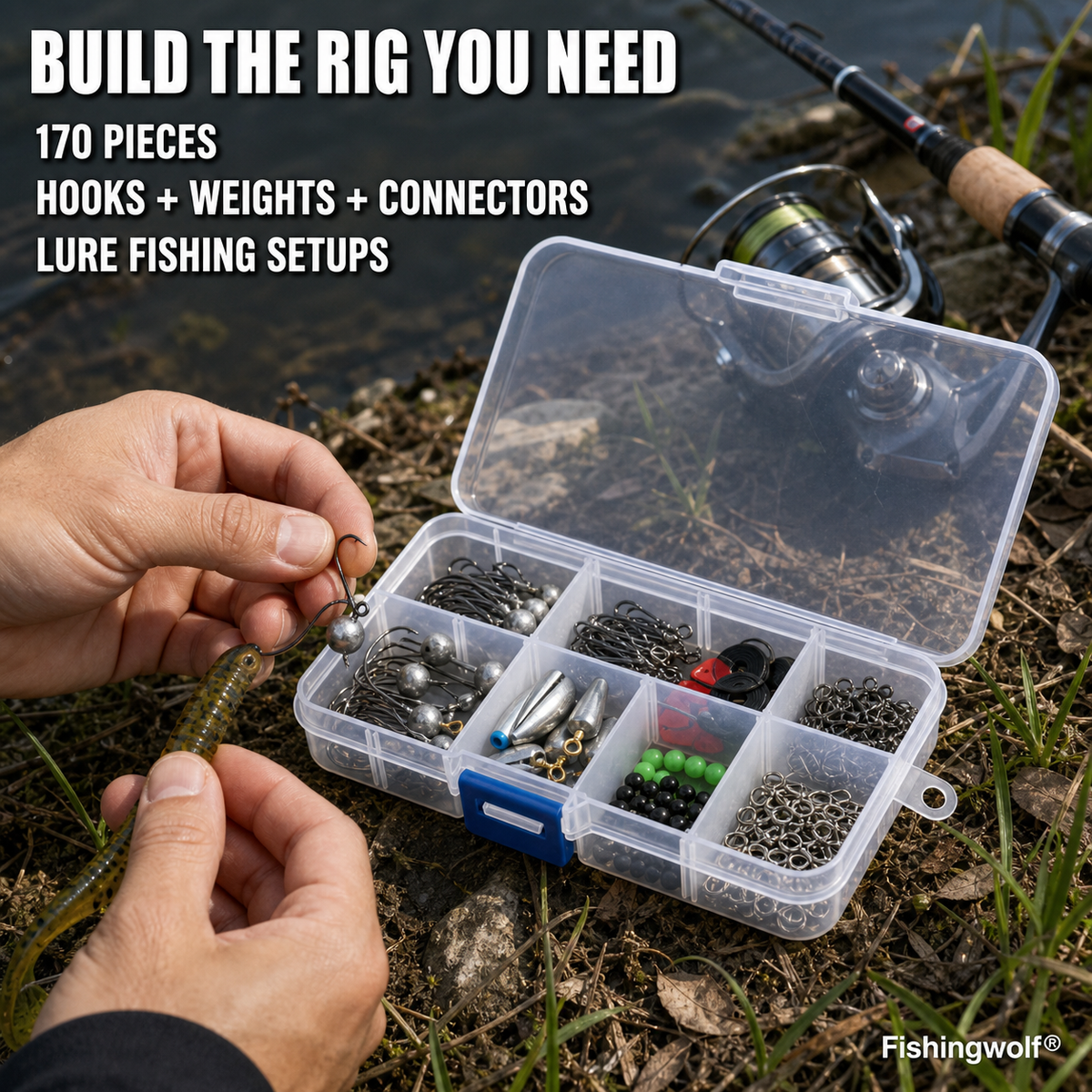 Fishing terminal tackle kit in clear divided organizer, with hooks, weights, connectors