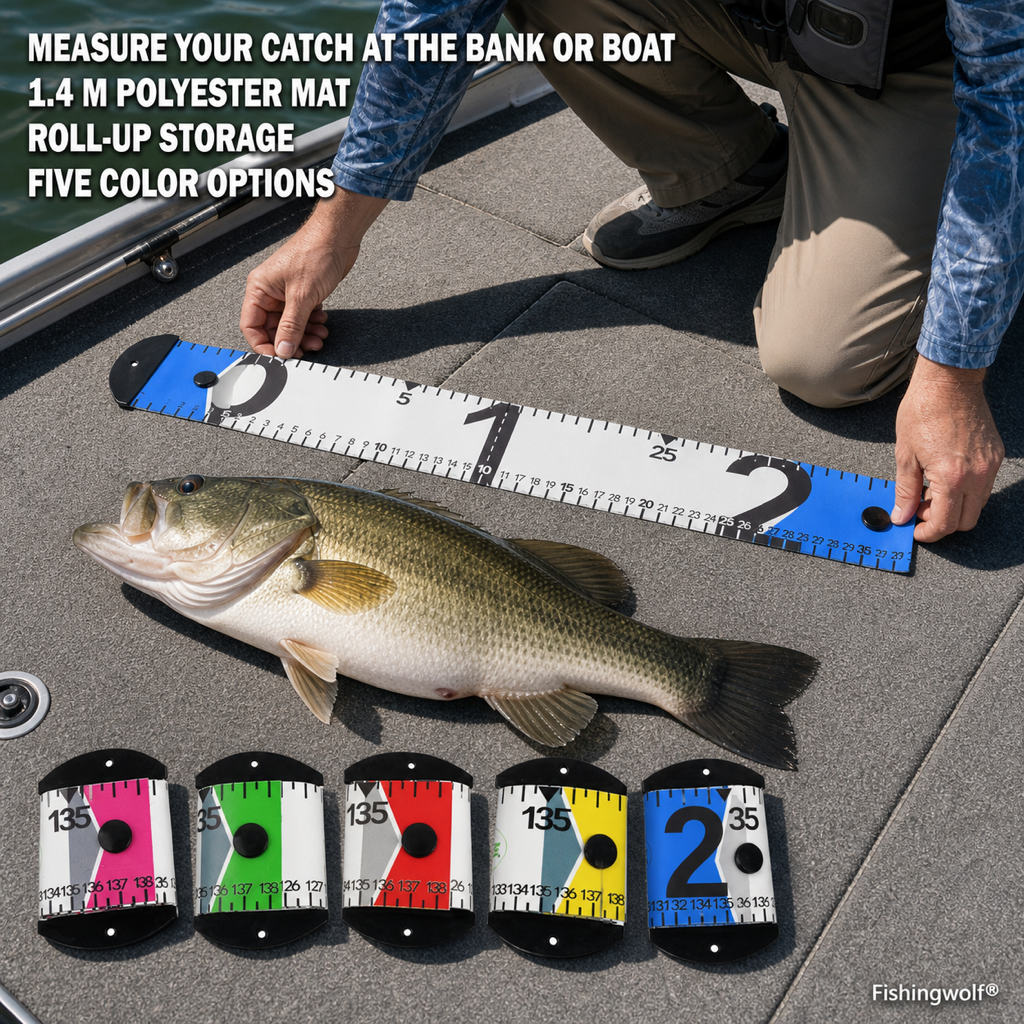 Fish measuring ruler roll-up mat with printed scale and black snap-closure end plates in blue