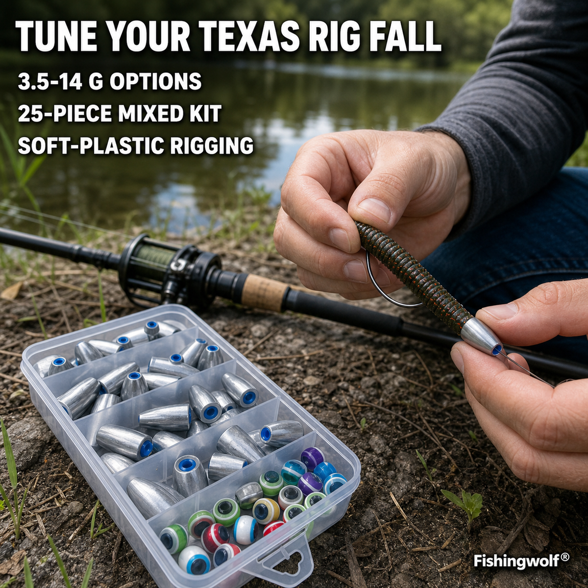 Texas rig bullet sinkers in clear box with blue inserts, sizes mixed
