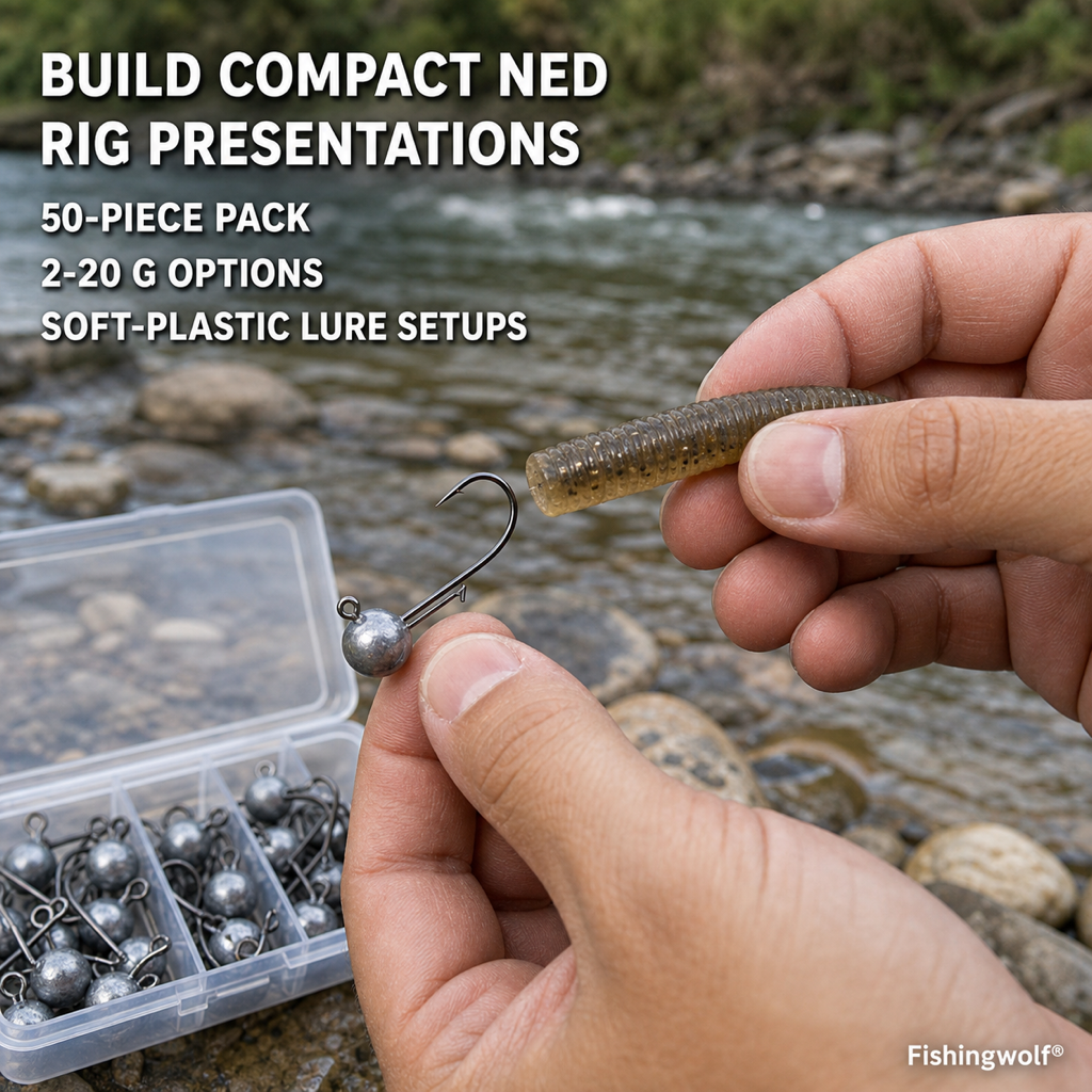Ned rig jig head set with round lead head and barbed hook, shown with soft plastic