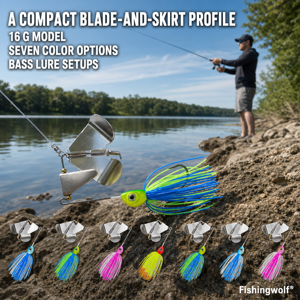 Skirted bladed bass jig with silver blade and green-blue skirt strands, painted eye head