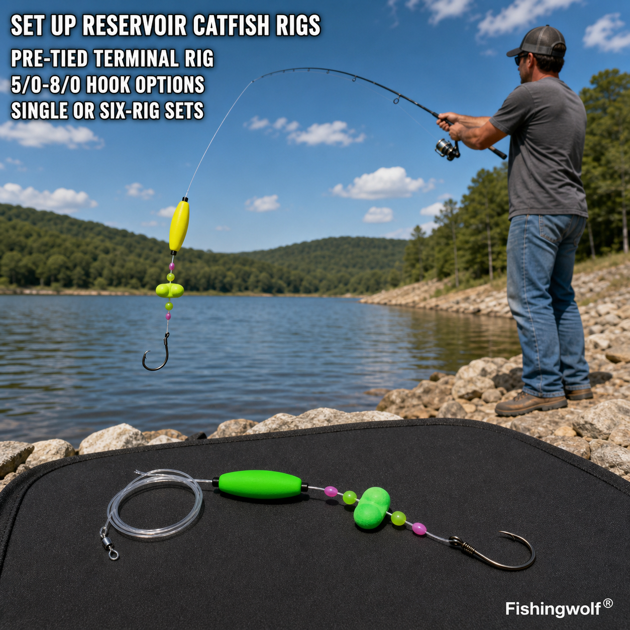 Reservoir catfish float rig with yellow cigar float, green beads, and pre-tied circle hook