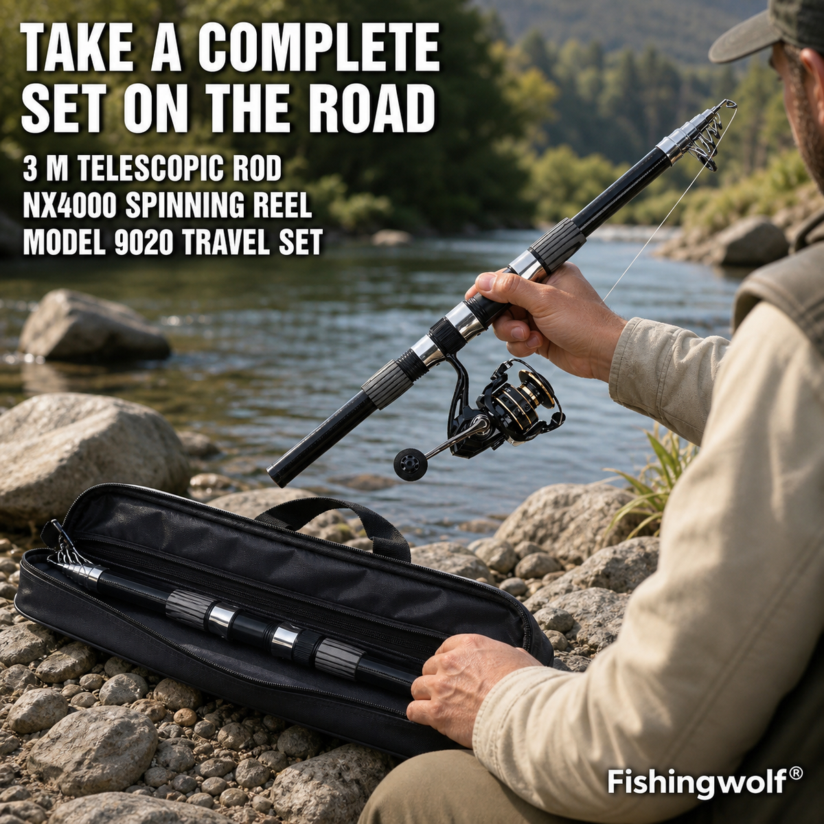Fishingwolf authorized creative gallery | Lifestyle | Fishingwolf 3 m Telescopic Spinning Rod & Reel Combo - 7-Section Portable Travel Set, Carry Bag, Model 9020 for Lure Fishing