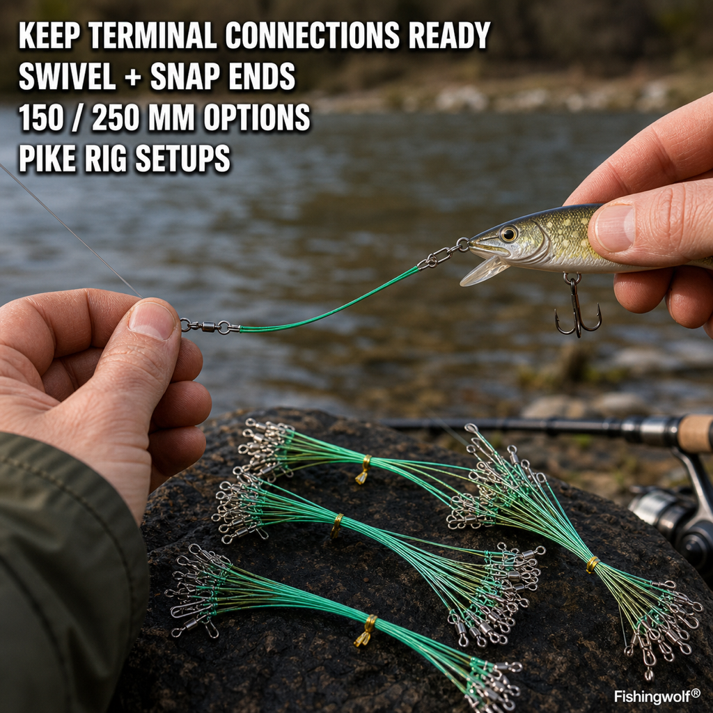 Green wire fishing leaders with stainless swivels and snaps attached between hands and lure