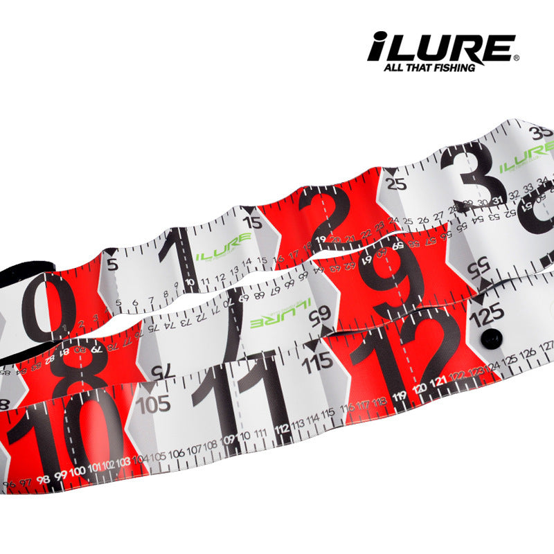 Fish measuring ruler roll-up mat section with snap end plate, red and black/white print