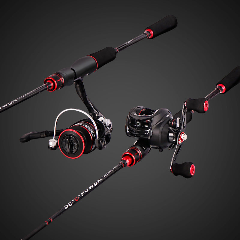 Fishing rod set with spinning and baitcasting reels, black handles and red accent spools