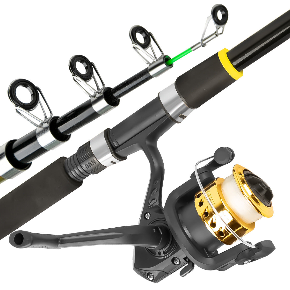 Telescopic fishing rod guide rings and spinning reel close-up