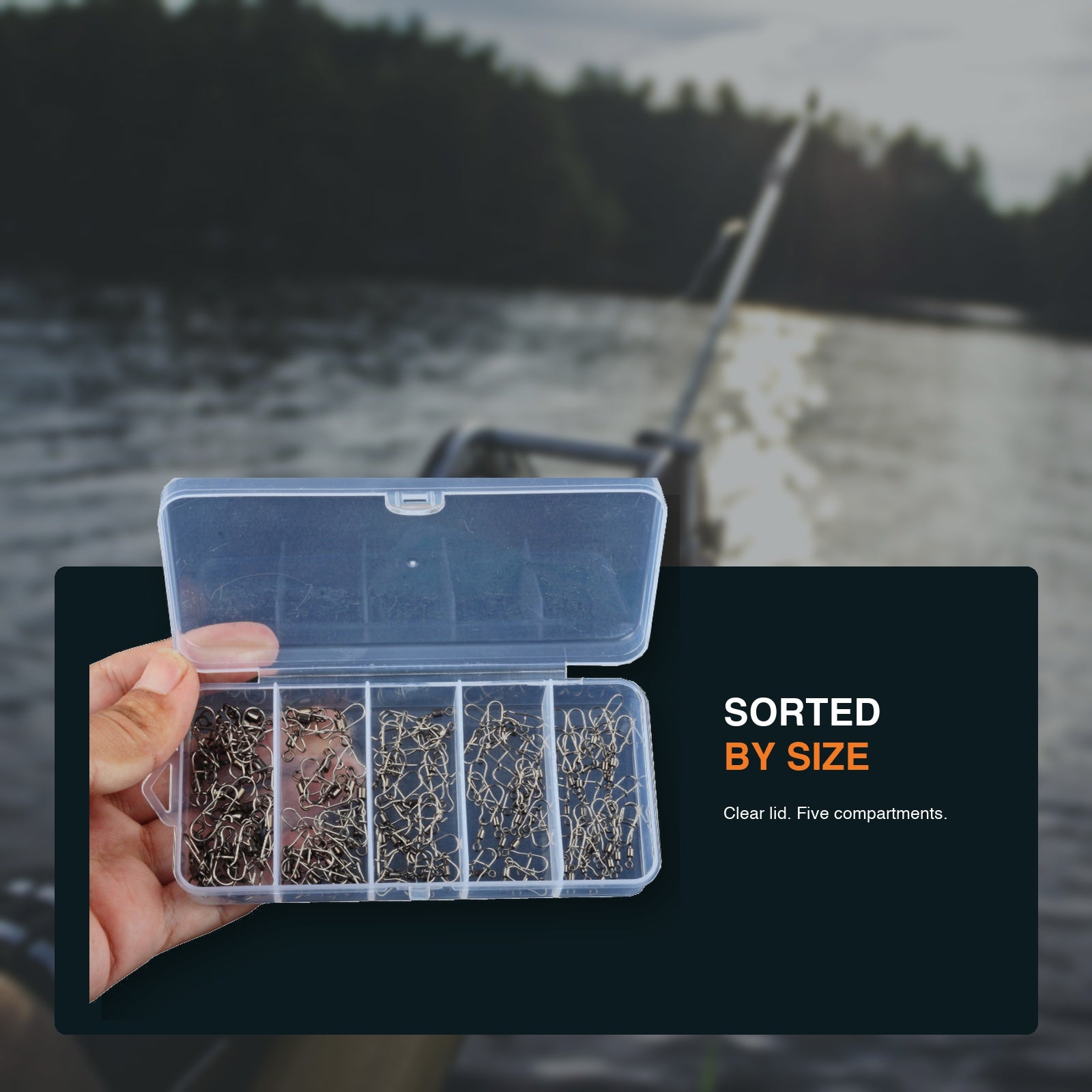 Five-compartment snap swivel organizer beside an angler on the water