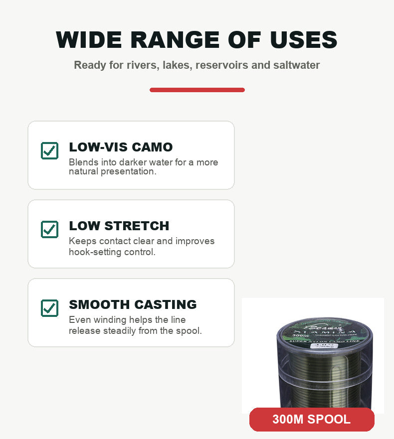 Camo green nylon fishing line spool labeled 300 m