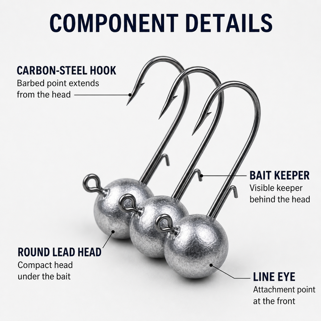 Ned rig jig heads detail: barbed carbon-steel hook, bait keeper, and round lead head