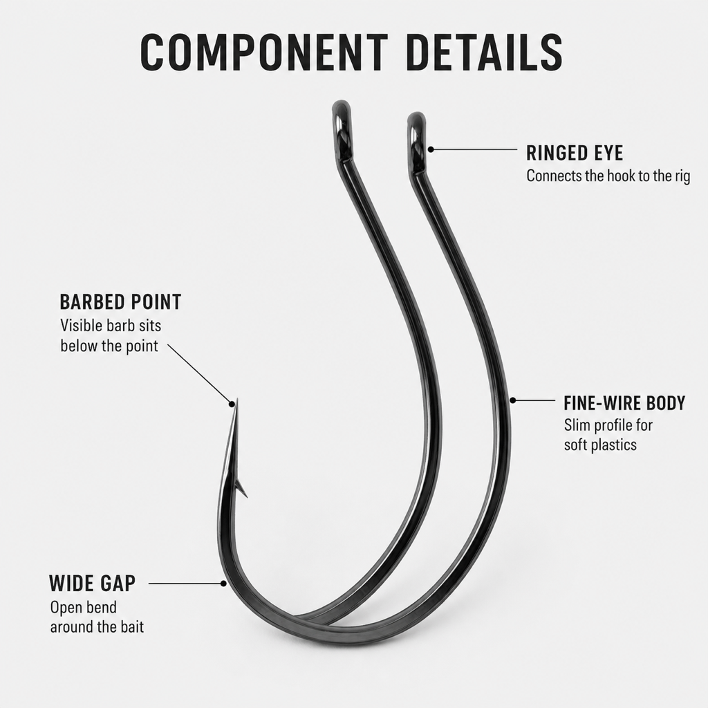 Fishingwolf authorized creative gallery | Component Details | Fishingwolf Wacky Rig Hooks - Barbed Alloy Soft-Plastic Hooks, #4-3/0, 10/20-Pack Options for Wacky and Drop-Shot Rigs