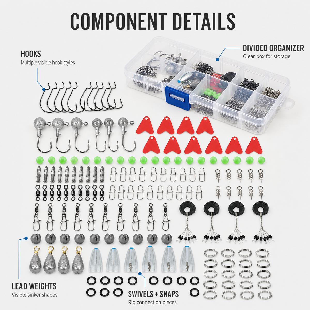 Fishing tackle component details: hooks, lead weights, swivels and snaps in divided box