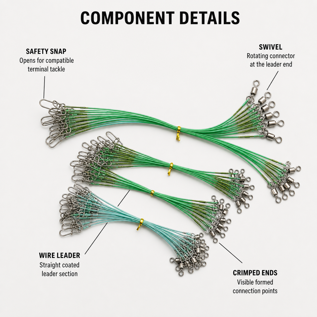 Fishing leader components: green-coated wire with crimped ends, safety snap, and swivel