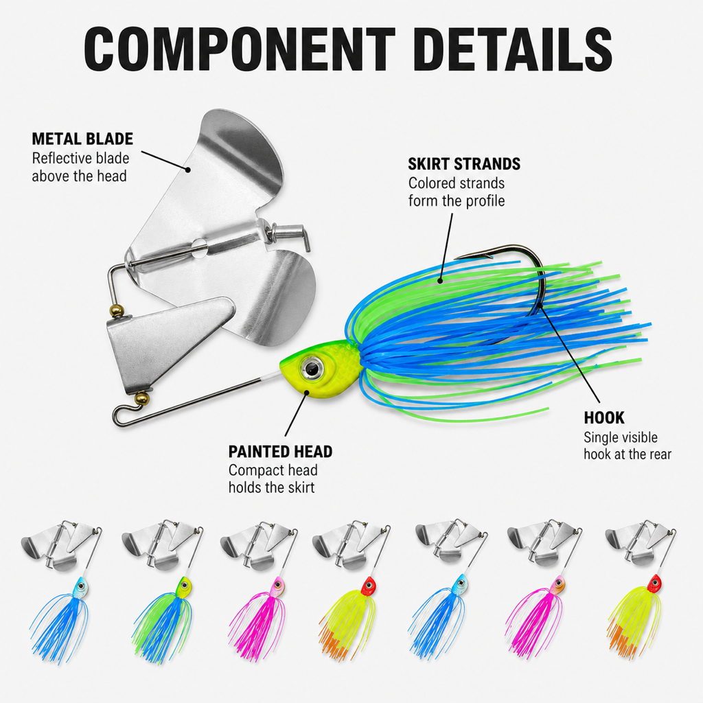 Skirted bladed jig with reflective metal blade, painted head, visible rear hook, blue and green skirt