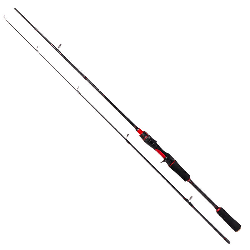 Carbon-fiber fishing rod with straight handle, black blank and red accent rings