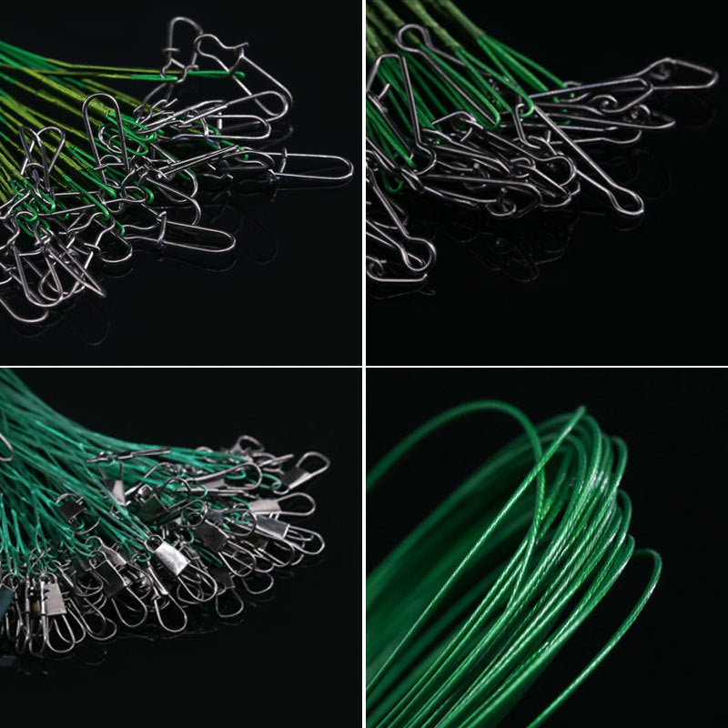 Stainless swivels and snap hooks attached to green wire leaders, close-up detail