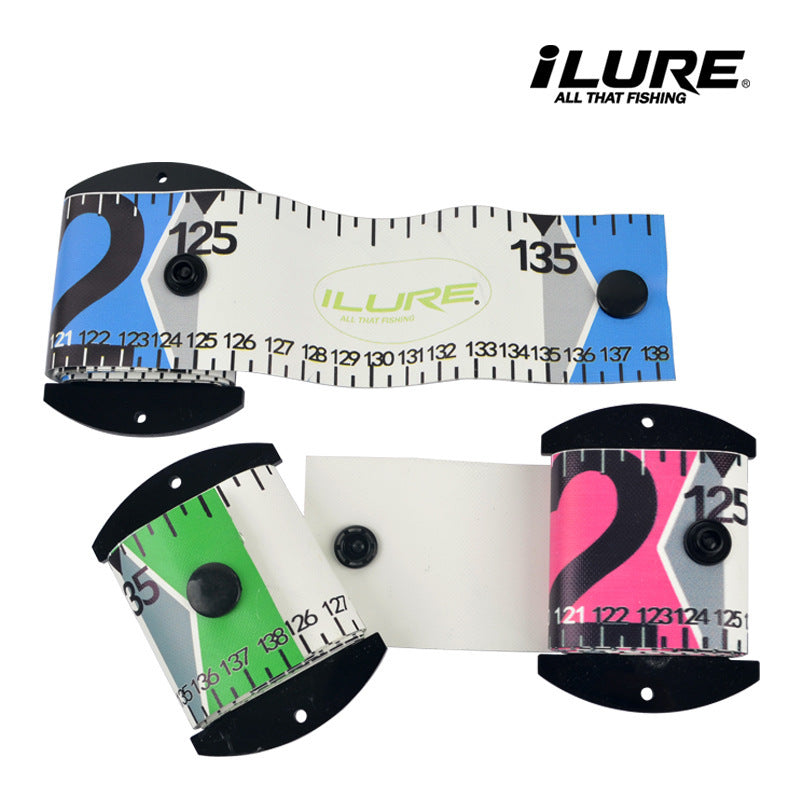Fish measuring ruler roll-up mat with snap end plates, multicolor layout (blue, green, pink)
