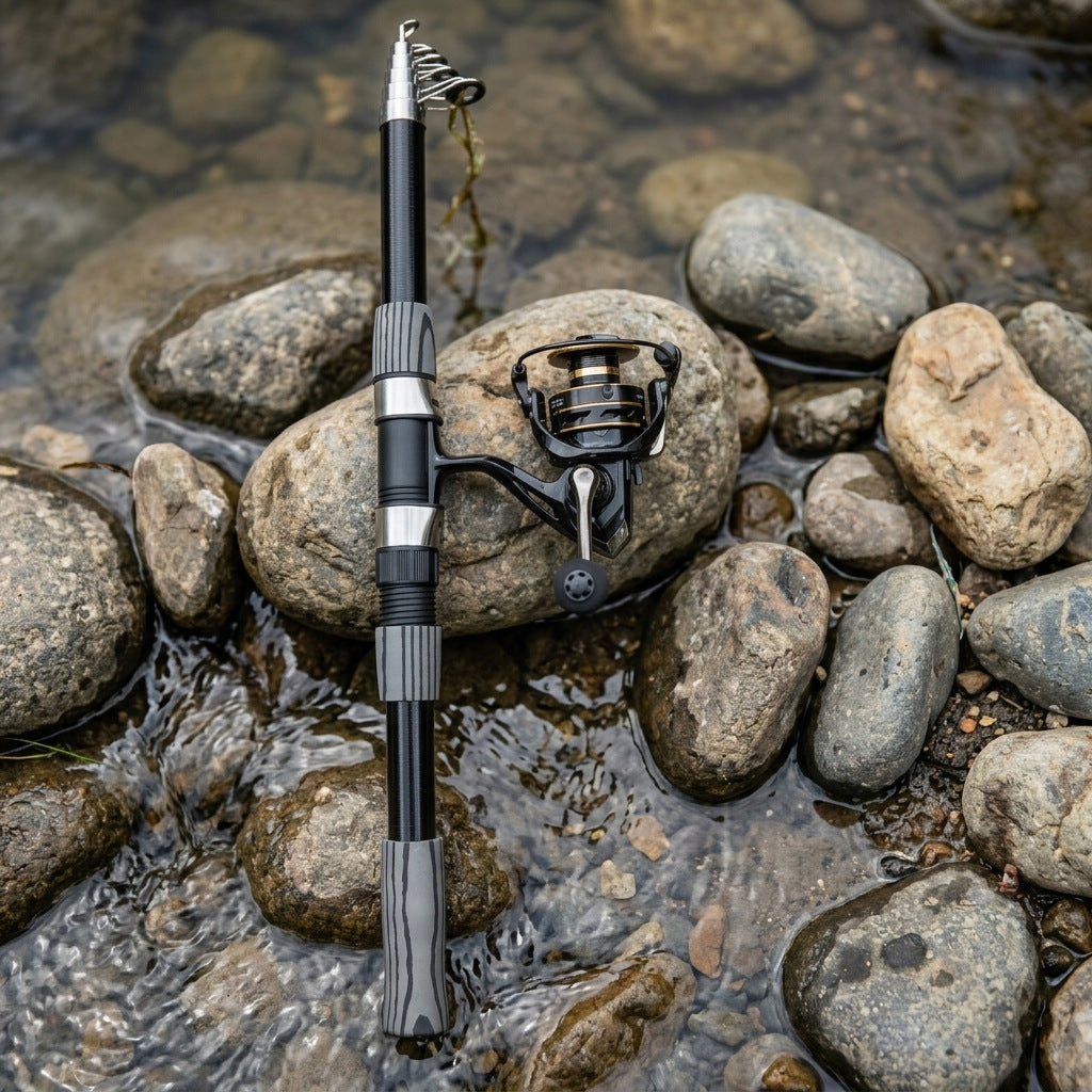3 m telescopic spinning rod and reel on a rocky riverbank